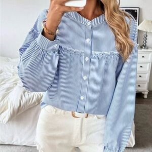 Blue Striped Women's Top with ruffle